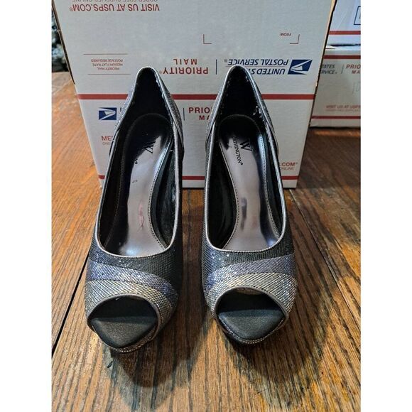 8M Worthington Lana Pewter Black Metallic Peep Toe High Heel Pump Dress Shoes - Picture 3 of 8